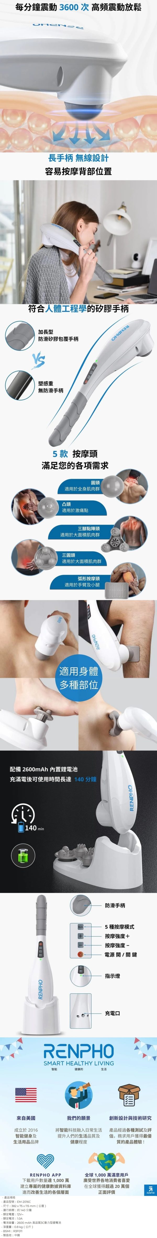 高頻震動｜打擊痛點 RENPHO 無線手持按摩器 / EM-2016C 購買指定RENPHO：圖片 2